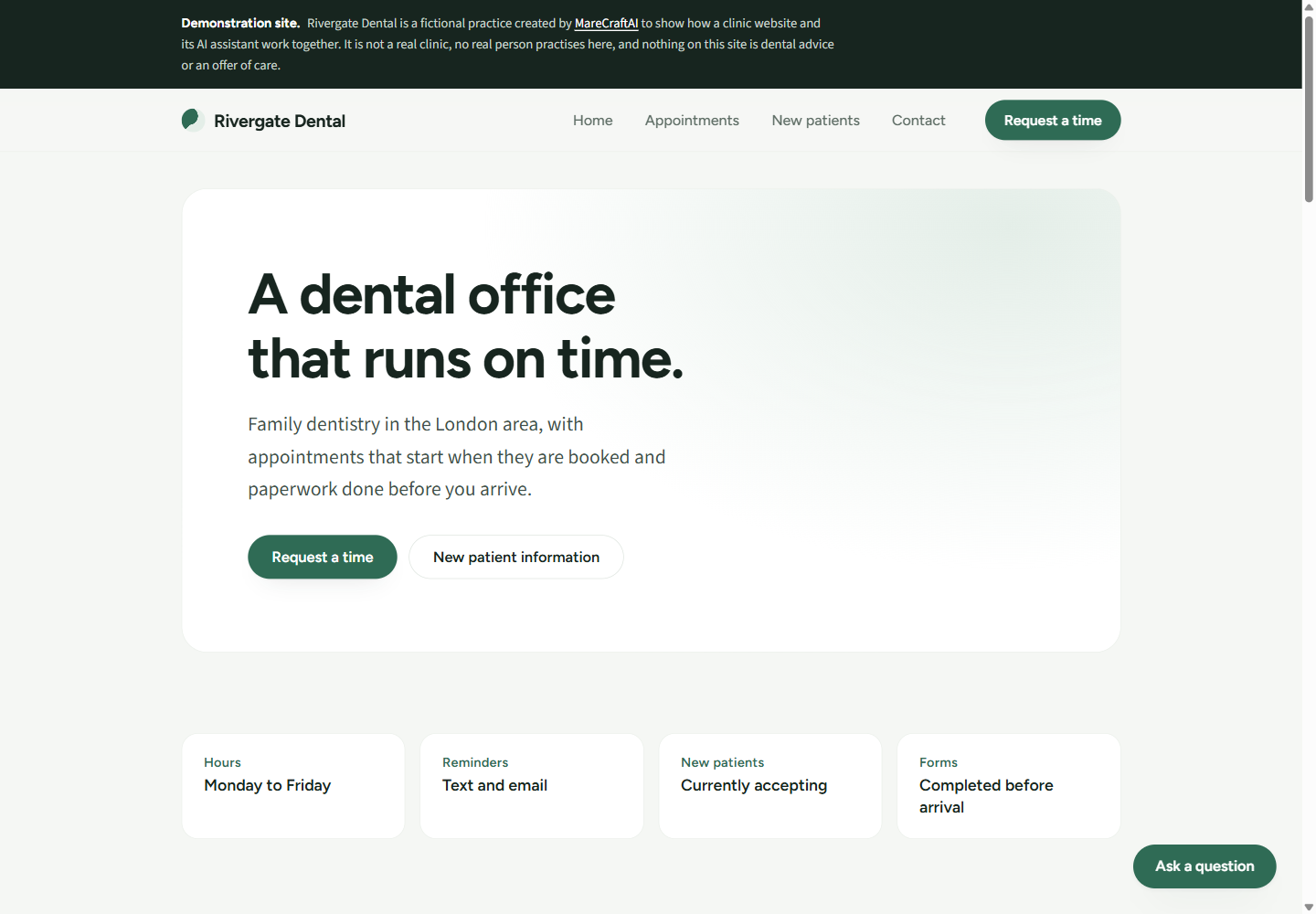Rivergate demonstration website with a calm dental practice design